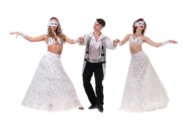 Three carnival dancers wearing a mask dancing, isolated on white — Stock Photo, Image