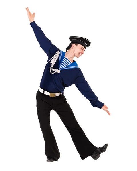 Jonge danser verkleed als een zeeman die zich voordeed op een afgelegen witte achtergrond — Stockfoto