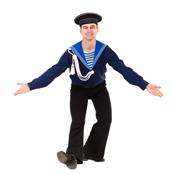 Young dancer dressed as a sailor posing on an isolated white background — Stock Photo, Image