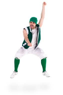 Göl kenarında beyaz üzerinde atlama komik cüce gibi giyinmiş dostça adam