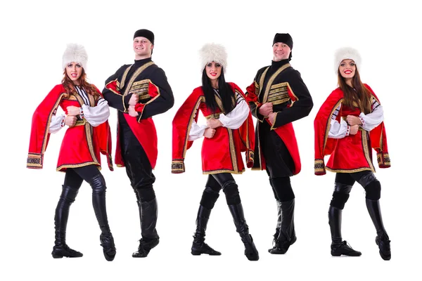 Équipe de danseurs portant des costumes folkloriques montagnards caucasiens — Photo