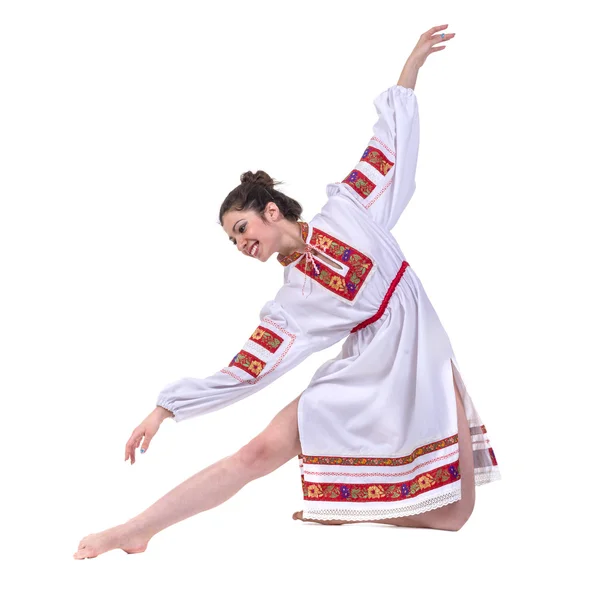 Kız poz, tam uzunlukta portre izole beyaz arka plan karşı ulusal geleneksel kostüm Lehçe — Stok fotoğraf