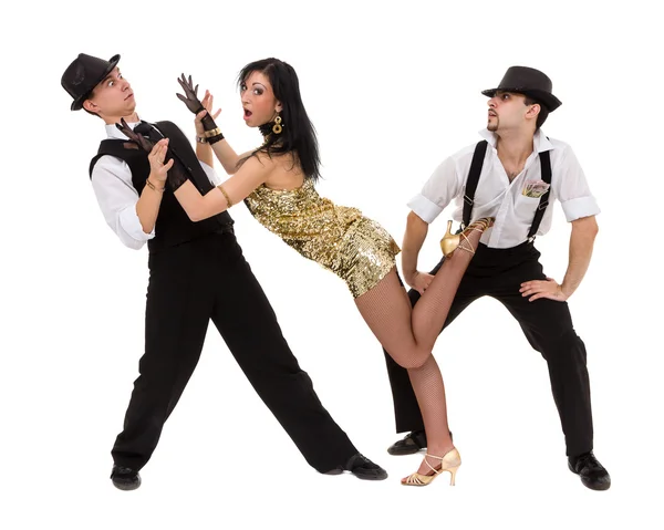 Cabaret dancer team dancing. Isolated on white background in full length. — Stock Photo, Image