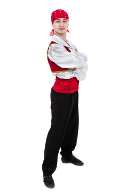 Bir Boğa güreşçisi kostüm giyen adam dans. Tam uzunlukta beyaz izole.