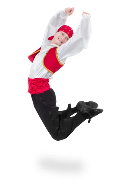 Dancing man wearing a toreador costume jumping. Isolated on white in full length. — Stock Photo, Image