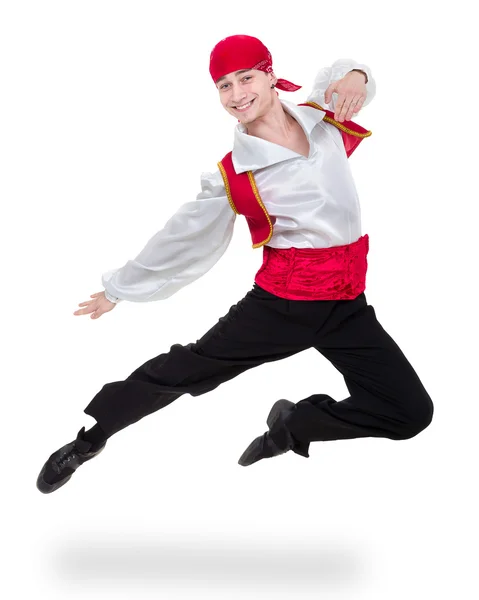 Dancing man met een toreador kostuum springen. Geïsoleerd op wit in volle lengte. — Stockfoto