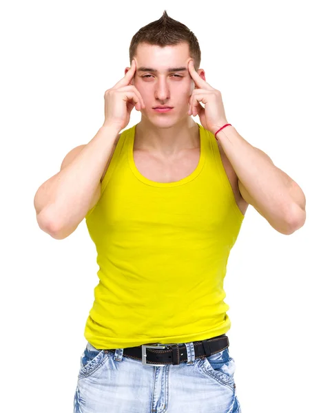 Joven con dolor de cabeza, aislado en blanco —  Fotos de Stock