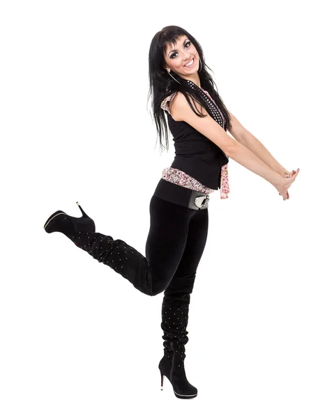 Fiatal nő táncol, elszigetelt, a teljes test, fehér — Stock Fotó