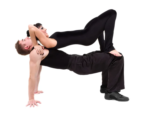 Pareja hombre y mujer ejercitando fitness bailando sobre fondo blanco —  Fotos de Stock