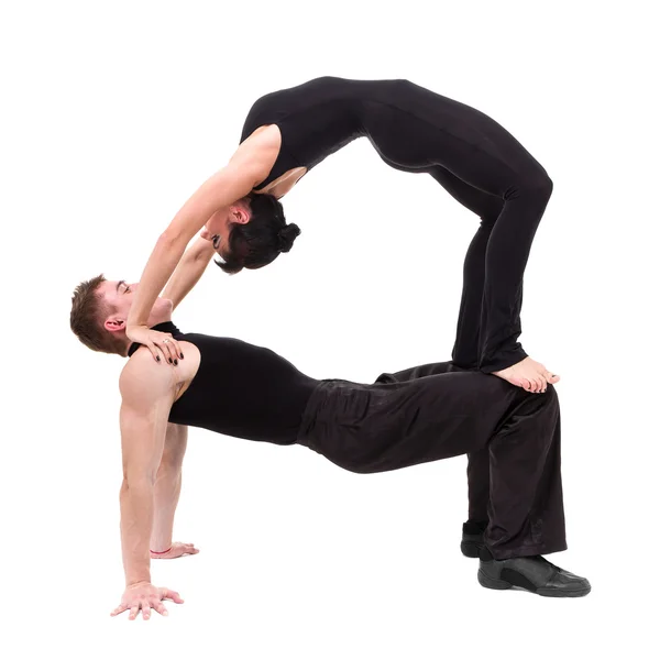 Iki erkek ve kadın üzerinde egzersiz fitness dans arka plan beyaz — Stok fotoğraf