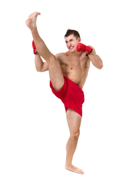 Retrato de cuerpo entero del joven boxeador masculino mostrando algunos movimientos sobre fondo blanco aislado — Foto de Stock