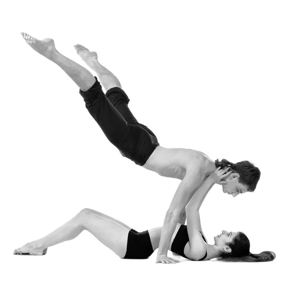 Bezbarwny portret, Para mężczyzna i Kobieta, ćwiczeń fitness taniec na białym tle — Zdjęcie stockowe