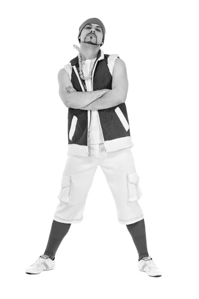 Bezbarcný portrét přátelského muže oblečený jako zábavný GNOME tanec izolovaný na bílém — Stock fotografie