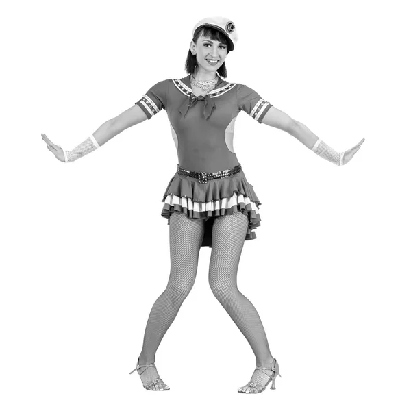 Colorless portrait of young dancer woman dressed as a sailor posing on an isolated white background — Stock Photo, Image