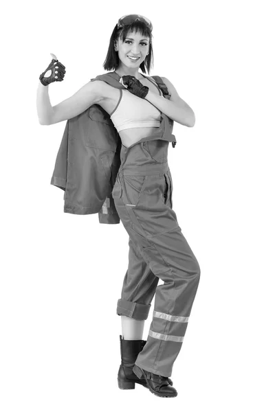 Colorless portrait of builder woman in uniform — Stock Photo, Image