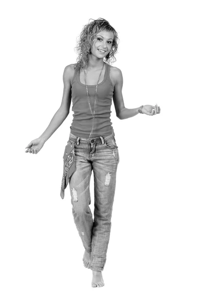 Colorless full length picture of a casual young woman standing — Stock Photo, Image