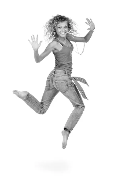 Imagen de longitud completa incolora de una mujer joven casual de pie — Foto de Stock