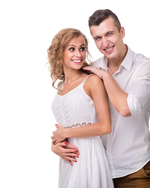 Cheerful young couple on white background, isolated — Stock Photo, Image