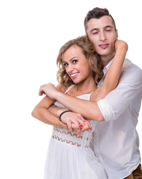 Cheerful young couple on white background, isolated — Stock Photo, Image