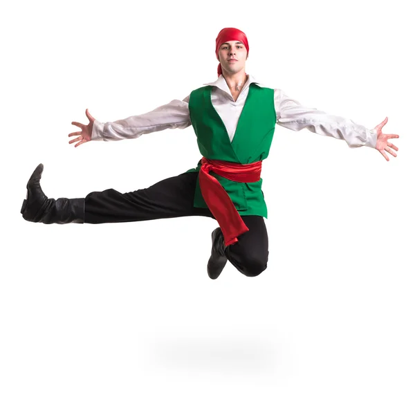 Jumping man wearing a pirate costume. Isolated on white in full length. — Stock Photo, Image