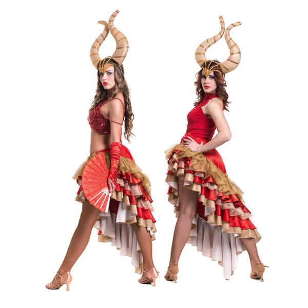 Two women dancers with horns. Isolated on white background. — Stock Photo, Image