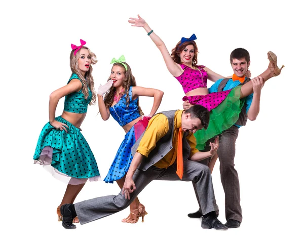 Cabaret dancer team dancing. Isolated on white background in full length. — Stock Photo, Image