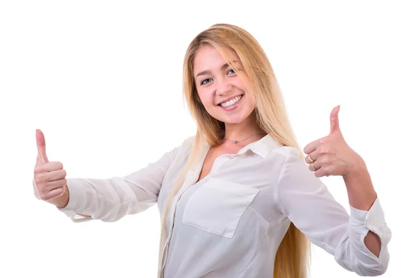 Happy smiling woman with thumbs up gesture, isolated over white background — Stock Photo, Image