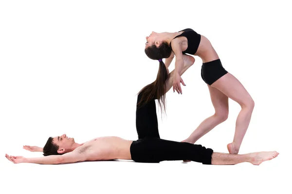 Couple man and woman exercising fitness dancing on white background — Stock Photo, Image