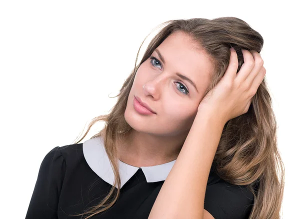 Primo piano ritratto di donna sognante isolato su bianco — Foto Stock