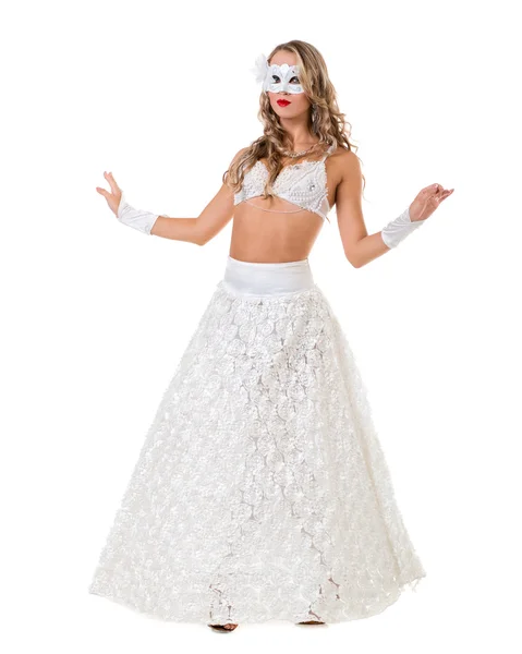 Bailarina de carnaval vestida con una máscara bailando, aislada en blanco — Foto de Stock