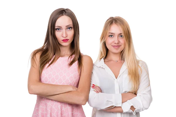 Two young women with different emotions isolated on white — Stock Photo, Image