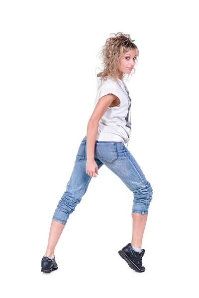 Immagine a figura intera di una giovane donna casual in piedi — Foto Stock