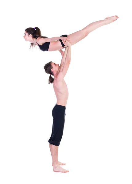 Pár férfi és nő, gyakorlása, fitness tánc a fehér háttér — Stock Fotó