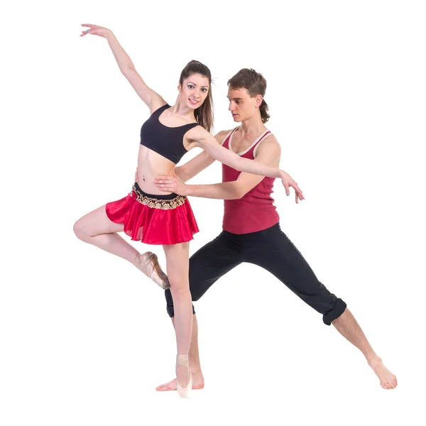 Par man och kvinna utövar fitness dans på vit bakgrund — Stockfoto