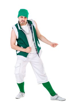 Göl kenarında beyaz dans komik cüce gibi giyinmiş dostça adam