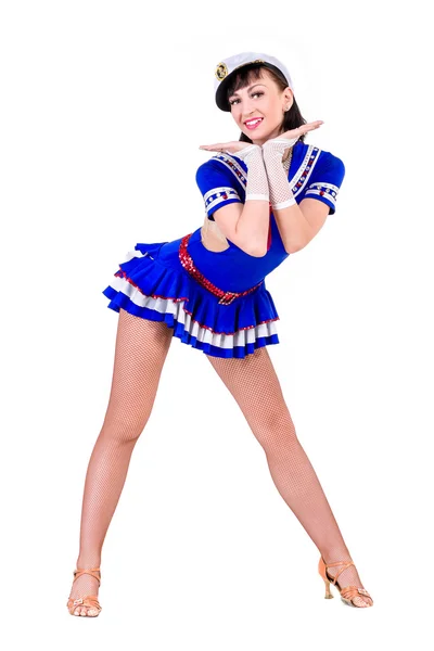 Young dancer woman dressed as a sailor posing on an isolated white background — Stock Photo, Image