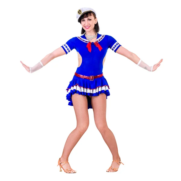 Young dancer woman dressed as a sailor posing on an isolated white background — Stock Photo, Image