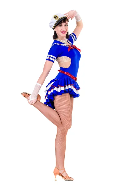 Young dancer woman dressed as a sailor posing on an isolated white background — Stock Photo, Image