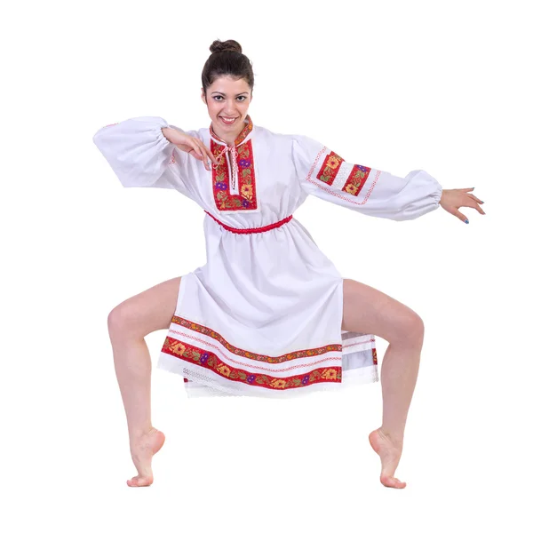 Hermosa bailarina en esmalte ucraniano ropa de traje tradicional nacional sonrisa feliz, retrato de cuerpo entero aislado —  Fotos de Stock