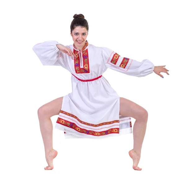 Beautiful dancing girl in ukrainian polish national traditional costume clothes happy smile, full length portrait isolated — Stock Photo, Image