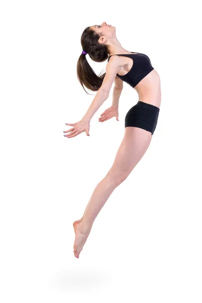 Jovem bailarina moderna saltando no fundo branco — Fotografia de Stock