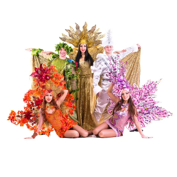 Dancer team wearing carnival costumes dancing — Stock Photo, Image