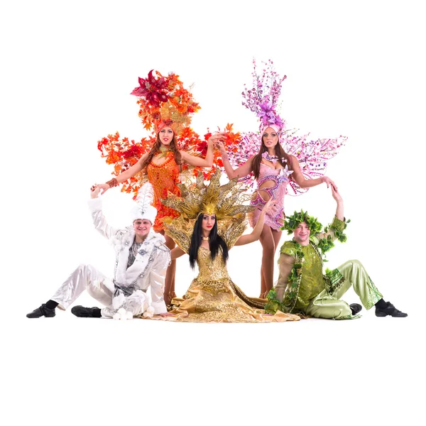 Dancer team wearing carnival costumes dancing — Stock Photo, Image