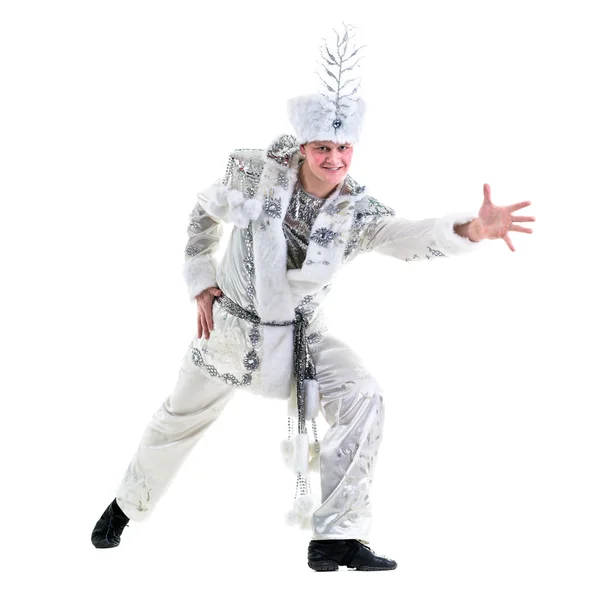 Danser man met carnaval sneeuwvlok kostuum dancing — Stockfoto