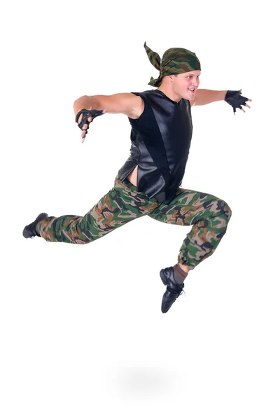 Dancer dressed soldier jumping — Stock Photo, Image