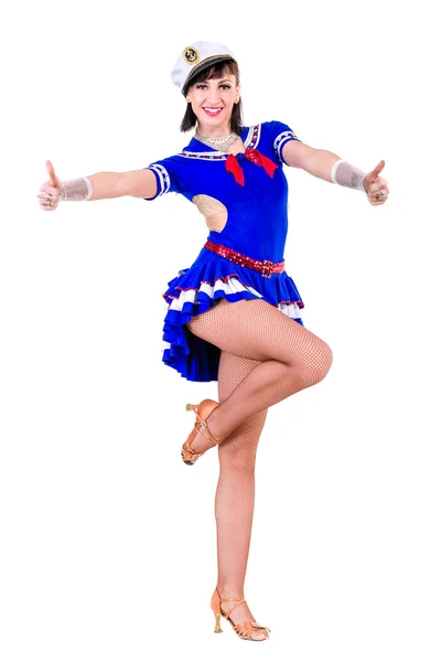 Young dancer woman dressed as a sailor posing on an isolated white background — Stock Photo, Image