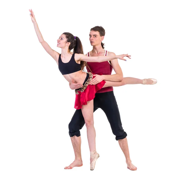 Full length of young ballet couple dancing on white background — Stock Photo, Image