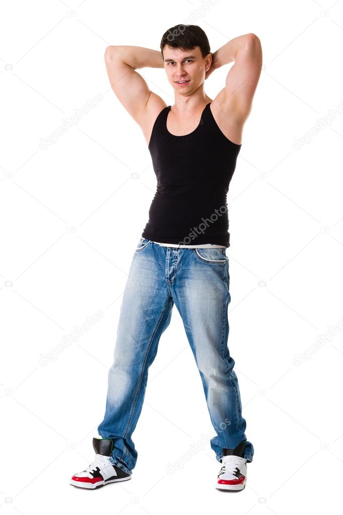 young break dancer showing his skills on white background