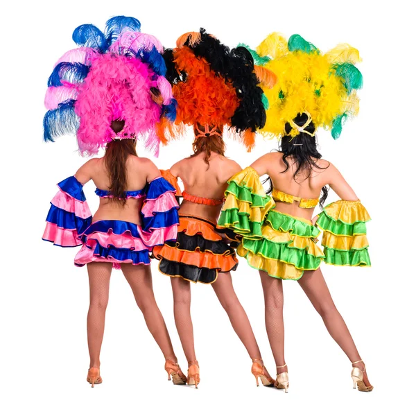 Equipo de bailarines con disfraces de carnaval bailando, vista trasera — Foto de Stock