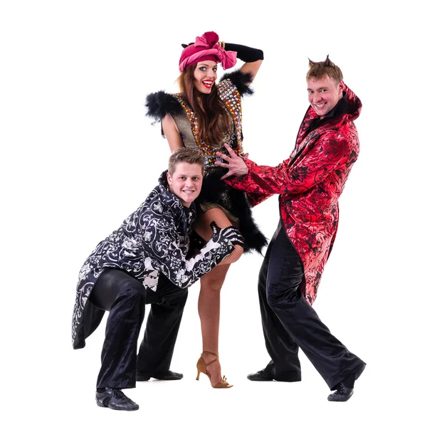 Dancer team wearing carnival costumes dancing — Stock Photo, Image